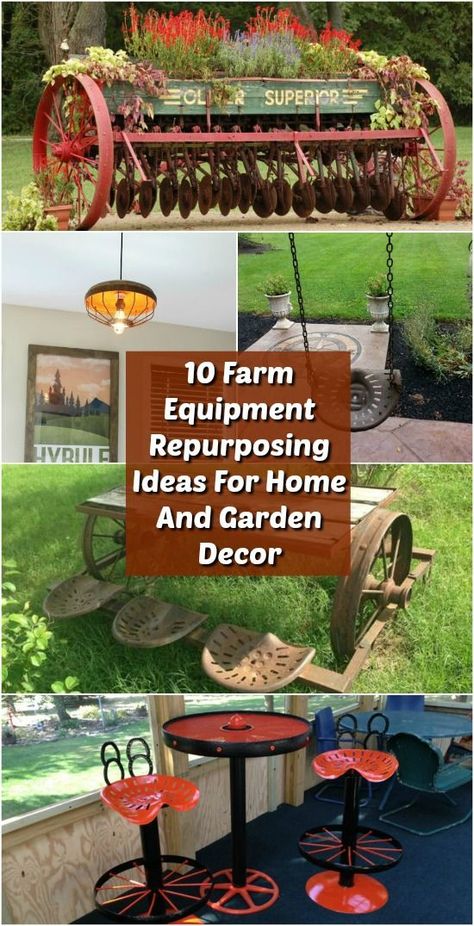 10 Artistic Farm Equipment Repurposing Ideas For Home And Garden Decor  #diy #decor #garden #repurpose #upcycle #reuse #rustic Garden Yard Ideas Easy Diy, Tractor Seat Ideas Repurposed, Diy Wooden Garden Decor, Rustic Landscaping Front Yard, Garden Diy Decoration Ideas, Living Wall Garden, Diy Garden Decoration Ideas, Outdoors Aesthetic, Tools Tattoo