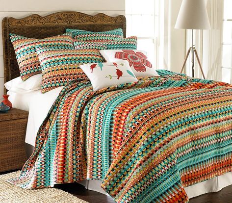 Cotton
LEVTEX CORONA QUILT BED SET: A vibrant ikat stripe bedding set consisting of a Twin size quilt (68x86in.) and one matching pillow sham (26x20Ó).Ê Used by itself, as a layering piece or as a bedspread, this bedding set is extremely versatile.
THE CORONA DESIGN: One of our most popular quilt sets, Corona is inspired by a fresh take on traditional ikats. The front is a bright ikat stripe and reverses to itself. A bound border provides contrast and texture to complete the look. Stripe Bedding, Bohemian Quilt, King Quilt Sets, Striped Quilt, Rv Decor, Queen Size Quilt, Green Quilt, King Pillows, Twin Quilt