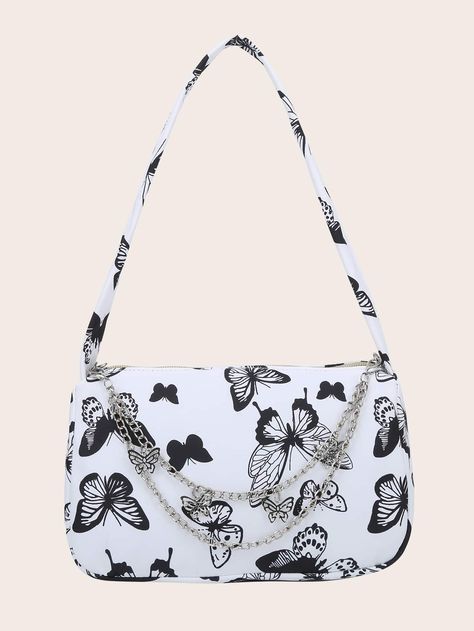 Chain Decor Butterfly Graphic Baguette Bag Baguette, Cute Black Bag, Baguette Bag Outfit, Leather Hand Bags For Women, Shein Bags, Butterfly Bag, Spring Purses, Baguette Bags, Preppy Bags