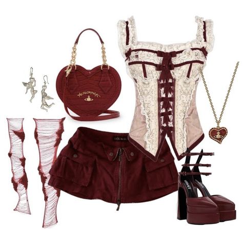 from vivstyle.mp3 on ig Casual Romantic Style Aesthetic, Valentine Themed Outfit, Red Y2k Fashion, Valentines Outfits Coquette, Virgo Inspired Outfits, Valentines Themed Outfit, Cherrycore Aesthetic, Valentines Days Outfits, Lucy Gray Inspired Outfit