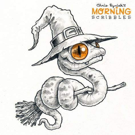 Snake Witch, Cute Halloween Drawings, Morning Scribbles, Monster Drawings, Chris Ryniak, Friendly Monster, Cute Monsters Drawings, Desen Realist, Monster Drawing