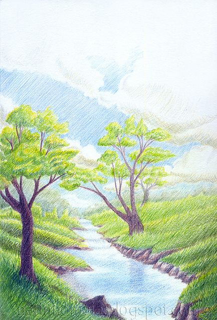 Moleskine art! Pencil Colour Sketches Landscape, Pencil Colour Painting Landscape, Drawing Of Nature Colour, Colour Pencil Art Landscapes, Pencil Color Art, Pencil Colour Painting, Colored Pencil Painting, Pencil Drawings Of Nature, Landscape Pencil Drawings