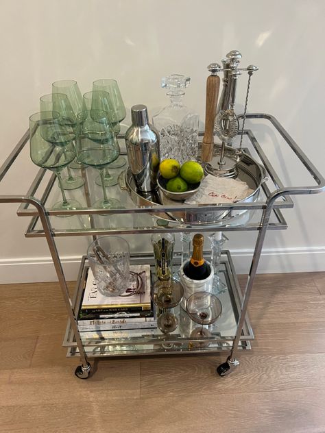 Pottery barn bar cart Bev Cart Apartment, Bar Cart Essentials List, Apartment Bar Set Up, Acrylic Bar Cart Styling, Coffee Bar Cart Aesthetic, Aesthetic Bar Cart Styling, Cute Bar Cart Decor, Bar Cart Home, How To Style A Bar Cart Without Alcohol