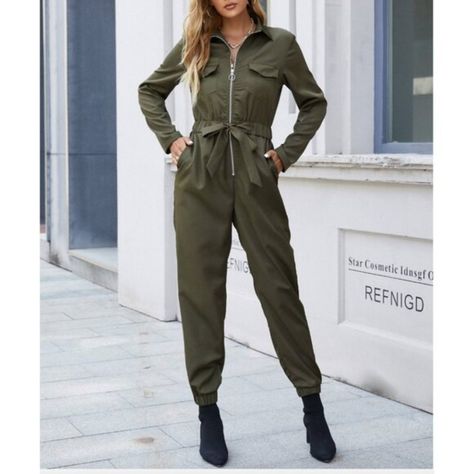 Only Size Med Left.....Length 56.3" Inseam 28" Bust 39" Waist 28.3" Hip 41.7" Belted, Pocket, Zipper Collar Regular Sleeve Elegant High Waist Army Green Long Sleeve Regular Fit 100% Polyester Shop Our Full Collection Of: Vacation Outfit - Preppy - Y2k - Cottagecore - Gypsy - Boho - Tiktok - Classic - Classy - Trendy - Work Office - Business Casual - Contemporary - Minimalist - Business Professional - Workplace Wear - Fall - Winter - Spring - Summer - 90s - Blouse - Holiday Party - Christmas - Thanksgiving - Date Night - Wedding Guest - Bridesmaid - Bachelorette - Baby Shower - Casual - Dressy - Hippie - Beach - Birthday Gift - Resort - 00s - Cruise - Travel - Light Academia - Vintage - B Coupe, Jogger Jumpsuit, Belted Jumpsuit, Stylish Jumpsuit, Belt Jumpsuit, Olive Color, Dressy Casual, Style Chic, Preppy Outfits