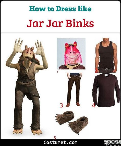 Jarjar's costume consists of an alien mask, a dark tank top and matching pants, with a cloth wrapped on his waist.           #StarWars #male #movies #funny #creepy #alien #StarWars Jar Jar Binks Costume, Creepy Alien, Alien Mask, Dark Sweater, Star Wars Costume, Star Wars Halloween Costumes, Jar Jar Binks, Star Wars Halloween, Star Wars Costumes