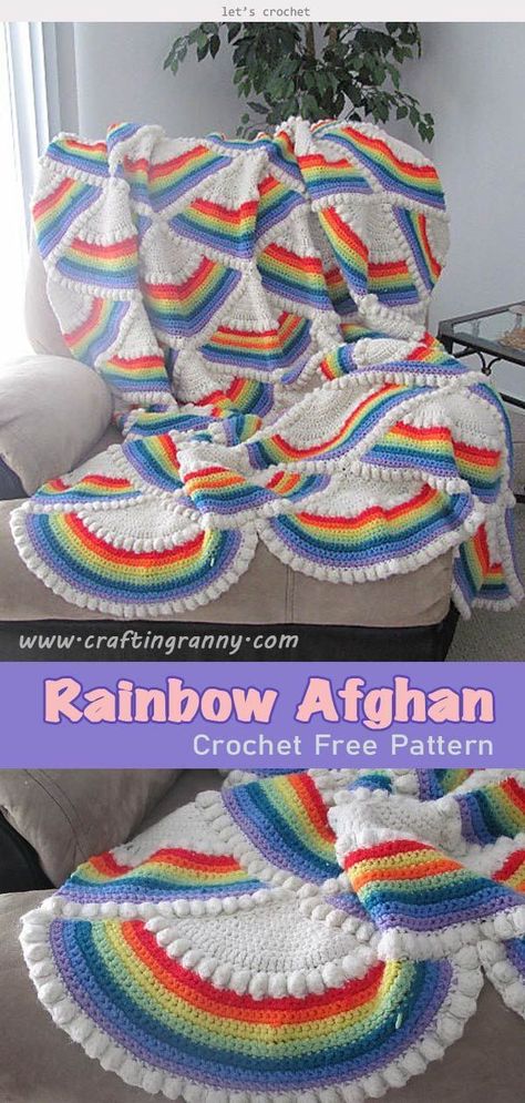 Rainbow Afghan Blanket Crochet Free Pattern #letscrochetfreepattern #crochetbabyblanket #rainbowblanket Amigurumi Patterns, Blanket Crochet Free Pattern, Crochet Borders For Blankets, Rainbow Crochet Blanket Pattern, Crochet Patchwork Blanket, Rainbow Afghan, Crochet Blanket Rainbow, Rainbow Blanket, Crochet Blanket Designs