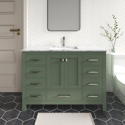 Green Sink Bathroom Ideas, Colored Bathroom Cabinets, Bathroom With Green Vanity, Bathroom Green Vanity, Sage Green Bathroom Vanity, Grey Bathroom Floor, 48 Inch Bathroom Vanity, Green Bathroom Vanity, Painted Vanity Bathroom