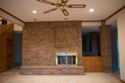 Living Room, BEFORE Brick Double Sided Fireplace, Fireplace Makeover Off Center, Offset Fireplace Ideas, Off Center Fireplace Living Room, Large Brick Fireplace Wall, Resurface Brick Fireplace, Before And After Fireplace Makeover, 1960 Fireplace, Wide Brick Fireplace