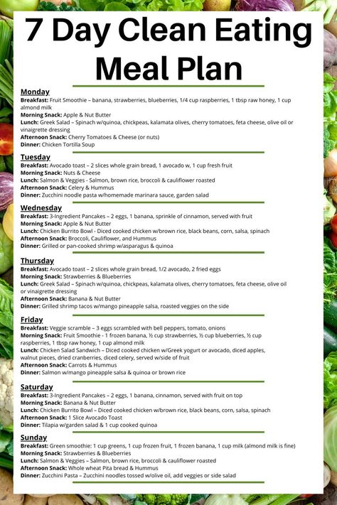 Wanting to start clean eating, but you're confused about what to eat? Don't overthink it, just follow this 7 day clean eating meal plan! clean eating dinner ideas, clean eating meal plan, clean eating snacks, clean eating for beginners, clean eating breakfast, clean eating grocery list, clean eating meal plan for beginners, clean eating meal recipes, clean eating meal plan 1 week, clean eating meal ideas, clean eating meals easy, clean eating meal plan and groceries Daily Healthy Meal Plan 21 Days, One Week Of Clean Eating, Meal Plan For Clean Eating, Easy Eat Clean Meal Plan, Fresh Diet Clean Eating, Clean Eating Daily Meal Plan, Daily Meal Plan Healthy Clean Eating, Clean Eating Menus For Beginners, 7 Day Detox Meal Plan