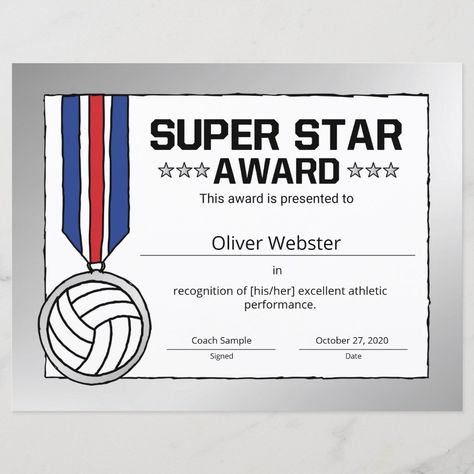 Here’s to those who give their all leaving nothing left. Our Super Star Volleyball Player Award Volleyball Certificate was made with these sentiments in mind. Celebrate the volleyball super stars on your team with our Super Star Volleyball Player Award Volleyball Certificate. Great for schools, youth leagues, little league or any other pee wee teams.     Our Super Star Volleyball Player Award Volleyball Certificate is easy-to-customize! Get ready to honor the volleyball super stars in your life. Volleyball Players, Volleyball Certificate, Student Certificates, Star Students, Pee Wee, Volleyball Player, Star Awards, Athletic Performance, Super Star