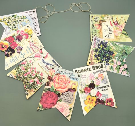 Garland Vintage Seed Packages Banner Flower Bunting for Decor - Etsy Diy Flag Banner, Vintage Classroom Decor, Cottage Greenhouse, Homemade Banners, Industrial Cottage, Vintage Seed Packet, Boho Garden Party, Junk Garden, Vintage Style Decor