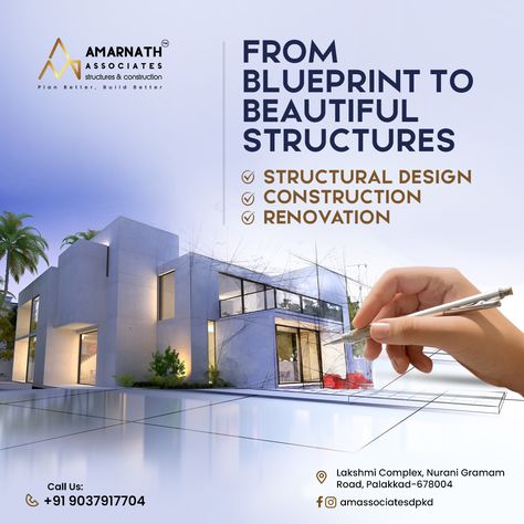 Looking for a reliable partner for your construction, renovation, or structural design needs? Look no further than AM Associates, your premier one-stop shop for all your building needs. Learn more: www.theamassociates.com Talk to Us: +91 9037917704 Mail Us: contact@theamassociates.com #amassociates #construction #structuraldesign #renovation #look #palakkad Construction Template Design, Architecture Creative Ads, Construction Ads Design, Cement Ads, Building Materials Architecture, Construction Advertisement, Construction Ads, Construction Company Names, Real Estate Marketing Design