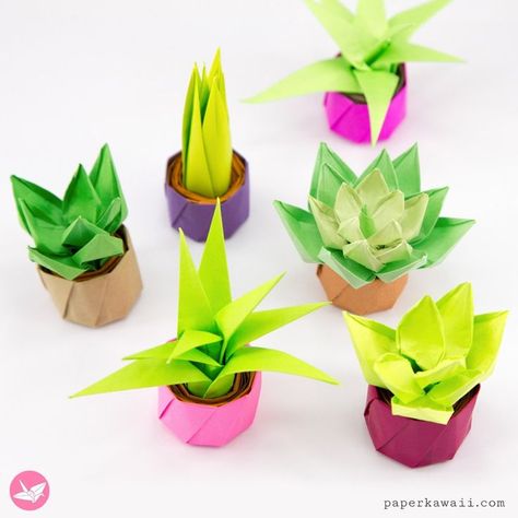 These cute mini origami succulents are adorable and are a perfect paper decoration. Origami Plants, Origami Stella, Origami Kutu, Diy Origami Home, Diy Origami Home Decor, Mini Origami, Tanaman Sukulen, Origami Home Decor, Origami Lotus Flower