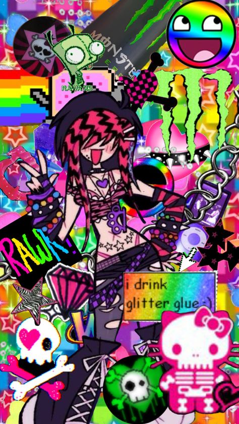 #myfirstshuffle #scenecore #scene #scenemo #scenekid #2010s #neon Scene Kid Wallpaper, Scene Core Wallpaper, Scene Kid Aesthetic, Scenecore Wallpaper, Scene Emo Art, Scene Kid Art, Scene Pfp, Scene Icons, Core Wallpaper