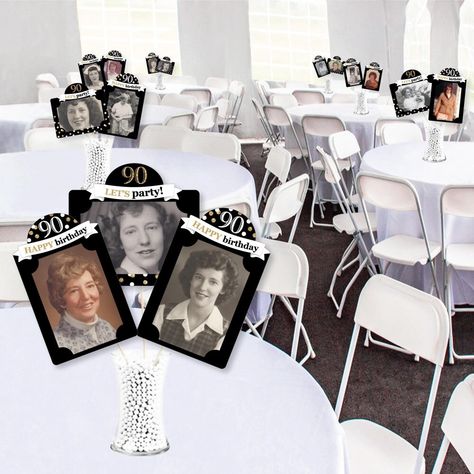 Picture Centerpiece Ideas Birthday, 90th Birthday Party Centerpieces, Birthday Party Table Centerpieces, Picture Centerpieces, Paper Picture Frames, 95th Birthday, 90th Birthday Parties, 100 Birthday, Photo Table