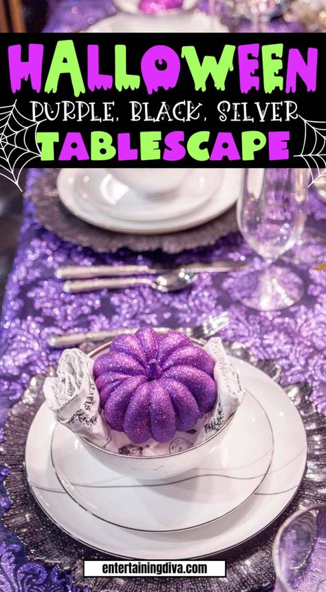 Elegant Purple, Black And Silver Halloween (Or Fall) Tablescape | Fall Entertaining Maleficent Party, Halloween Dinner Party, Halloween Table Settings, Halloween Haunted House Decorations, Classy Halloween Decor, Halloween Tablescape, Halloween Party Dinner, Purple Table, Party Tablescapes