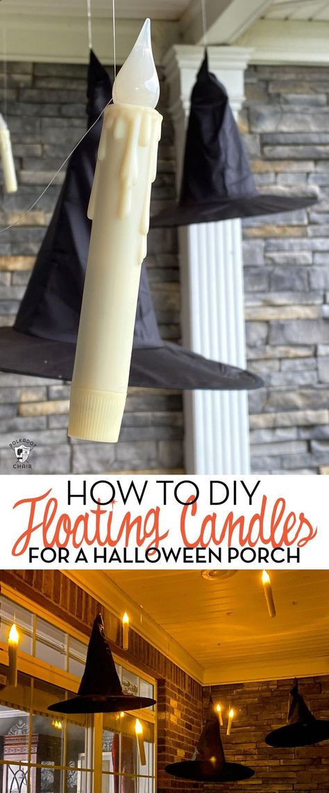 How to hang floating candles on your porch to decorate for Halloween. Harry Potter Halloween porch ideas. LED candles for Halloween decor. Boho Halloween Outdoor Decor, Harry Potter Themed Porch, Harry Potter Halloween Yard, Halloween Porch Ideas, Floating Candles Halloween, Diy Halloween Porch, Candles For Halloween, Halloween Harry Potter, Harry Potter Halloween Decorations