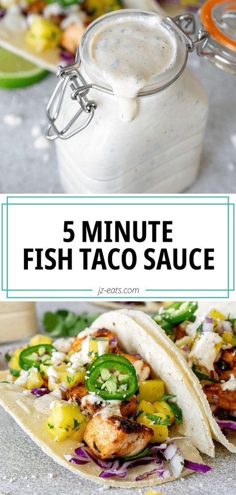 5 Minute Fish Taco Sauce Fish Tacos With Leftover Fish, White Sauce For Fish, Fish Taco White Sauce, Noodles Sausage, Rubios Fish Tacos, Taco Sauce Recipes, Creamy Fish, Tuna Tacos, Fish Taco Sauce