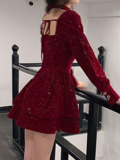 none Red Party Dress Short, Dark Red Outfit, Elegant Velvet Dress, Red Sparkly Dress, Fluffy Dress, Christmas Elegant, Cute Red Dresses, Red Christmas Dress, Vintage Mini Dresses