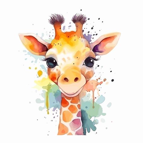 Wild Animals Watercolor, Nursery Giraffe Art, Watercolour Giraffe Easy, Premium Vector Watercolor, Simple Giraffe Painting, Watercolor Giraffe Painting, Cute Animal Watercolor Paintings, Cartoon Watercolor Paintings, Watercolor Cute Animals