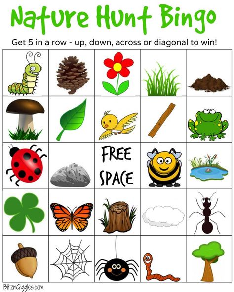 Nature Hunt Bingo - A super fun outdoor game for kids that encourages exploration of the world around them! Nature Games, Bingo For Kids, Nature Hunt, Nature Scavenger Hunts, Fun Outdoor Games, Family Nature, Scavenger Hunt For Kids, Outdoor Games For Kids, Bingo Printable