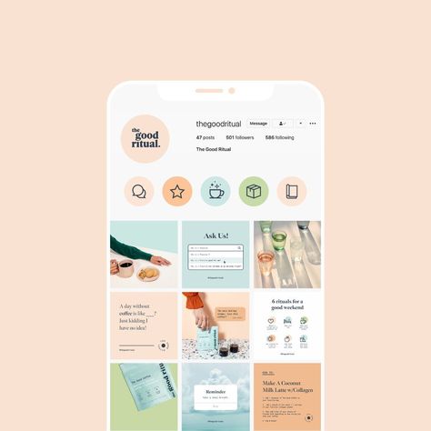 The Good Ritual social feed design is full of positivity, fun and color.  The first ever Specialty Instant Coffee with L-Theanine.  Minimal, fun, bright social feed design by Mint Lane Studio.  Click to view the full project | #branddesign #coffeedesign #socialmediadesign Shop Cafe Design, Good Ritual, Burger Template, Discount Graphic, Burger Flyer, Instagram Design Layout, Instagram Feed Layout, 광고 디자인, Instagram Template Design