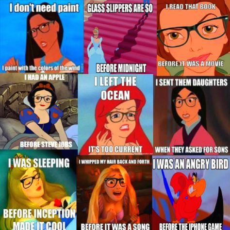 Funny Disney princesses, except the parrot dude that I forget the name of at the moment. Hipster Disney Princess, Disney Viejo, Hipster Princess, Disney Humor, Hipster Disney, Old Disney Movies, Disney Ships, Punk Disney, Funny Disney Memes