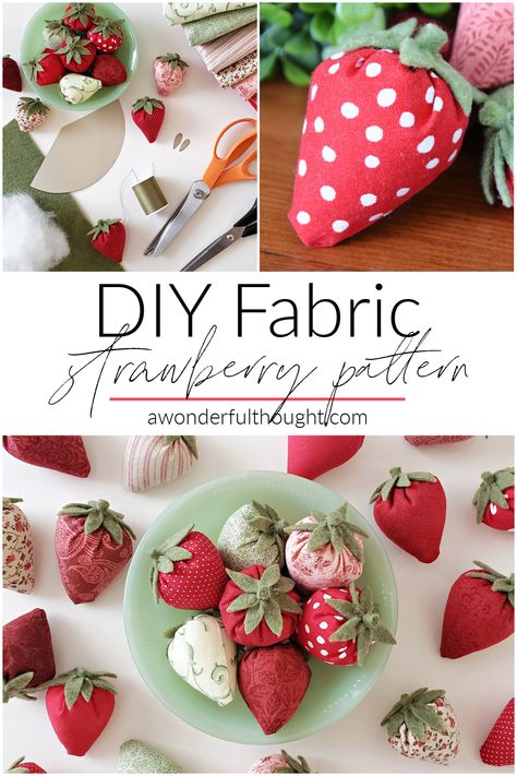 Patchwork, Couture, Sewing Fruits And Vegetables, Bowl Fillers Sewing Patterns, How To Make Felt Strawberries, Diy Strawberries Crafts, Spring Sewing Crafts To Sell, Fruit Fabric Pattern, Spring Summer Diy Crafts