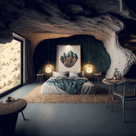 Bedroom built in cave with a bed, hanging lights, table & chair, and view of mountains Cave Inspired Bedroom, Cave Inspired Interior, Cave Bedroom Aesthetic, Cave House Aesthetic, Cave Bedroom Ideas, Cave Room Ideas, Hotel Bedroom Aesthetic, Organic Bedroom Design, Intimate Living Room