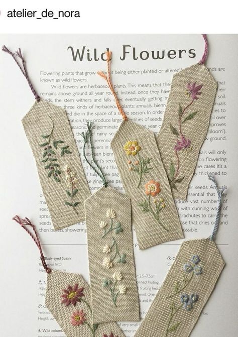 Flower Embroidery Bookmark, Embroidered Bookmarks Hand Embroidery, Simple Embroidery Projects, Hand Embroidered Bookmark, Bookmark Embroidery Patterns, Wild Flowers Embroidery, Embroider Bookmark, Aesthetic Embroidery Designs, Sew Bookmarks