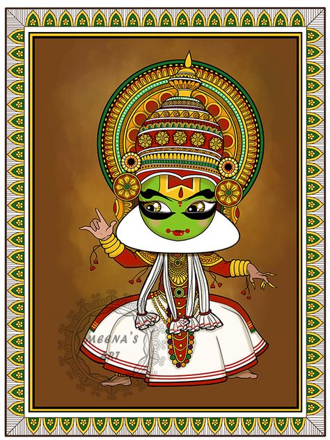 Art Forms Of India Drawing, Kathakali Aesthetic, Kathakali Mandala Art, India Illustration Doodles, Folk Dance Drawing, Indian Culture Illustration, Kathakali Painting, Art Forms Of India, School Reception