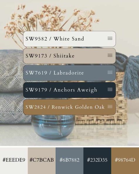 Cozy Color Palette with Hex Codes and Paint Color Matches Blue And Cream Living Room, Cozy Color Palette, Blue And Cream Bedroom, Color Palette With Hex Codes, Blue Living Room Color, Tan Color Palette, Cozy Colors Palette, Brown And Blue Living Room, Cream Bedrooms