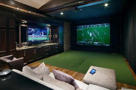 Golf Man Cave, Simulator Room, Home Golf Simulator, Indoor Golf Simulator, Golf Simulator Room, Trendy Golf, Golf Room, Golf Simulator, Media Room Design