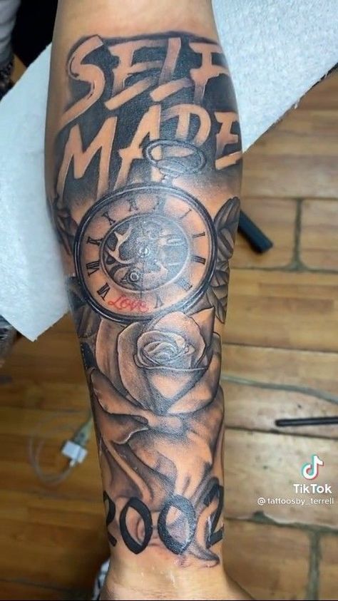 Self Made Tattoo Men Forearm, Male Arm Tattoos Forearm, Thug Tattoos For Men, Male Half Sleeve Tattoo Ideas, Tattoo Sleave Ideas Men, Black Male Tattoos Forearm, Black Male Tattoos Arm, Black Men Arm Tattoos, Self Made Tattoo Men