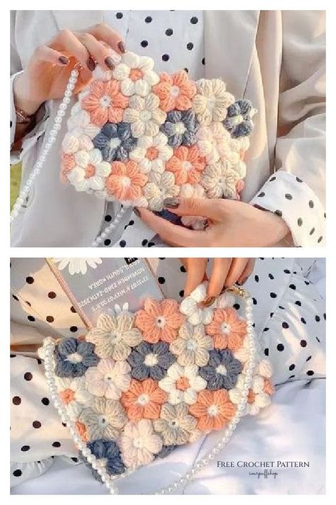 Flower Bag Free Crochet Pattern Flower Purse Crochet, Crochet Flower Purse Free Pattern, Crochet Flower Bags, Crochet Flower Tote Bag, Crochet Flower Bag Pattern Free, Flower Bag Crochet Pattern, Crochet Clutch Free Pattern, Flower Crochet Purse, Crochet Flower Purse