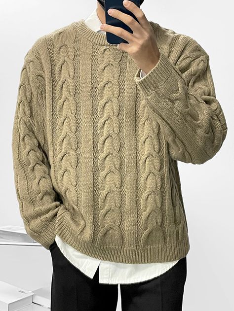 Khaki Casual Collar Long Sleeve Fabric Plain Pullovers Embellished Slight Stretch  Men Knitwear Cable Knit Sweater Outfit, Sixth Form Outfits, Sweater Outfits Men, Knit Sweater Outfit, Crochet Men, Trendy Mens Fashion, Style Inspiration Casual, Guys Clothing Styles, Cable Knit Jumper