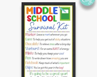 Middle School Survival Kit Card Printable Back to School Gift 5x7 Instant Download - Etsy High School Starter Pack Gift, High School Survival Kit Freshman Gift, High School Survival Kit, Freshmen Year Survival Kit, Middle School Survival Kit, Student Survival Kits, Student Treats, College Survival Kit, Middle School Survival