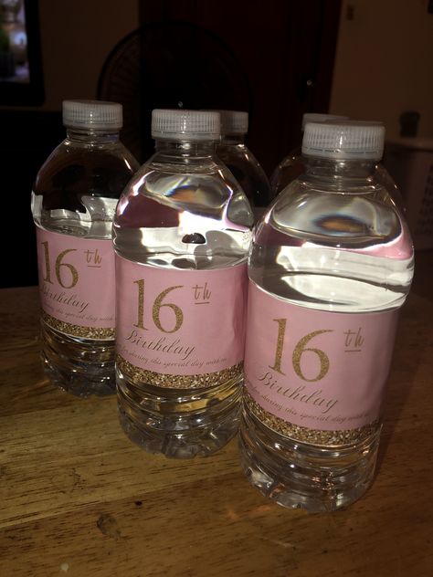 Water bottles  “sweet 16” Sweet 16 Decorations Champagne, Tent Sweet 16 Party Ideas, Sweet 16 Goodie Bags, Food For Sweet 16 Party, Sweet 16 Goody Bag Ideas, Sweet 16 Treats, Sweet 16 Party Food Ideas, Sweet 16 Decor, Sweet 16 Candy Bar