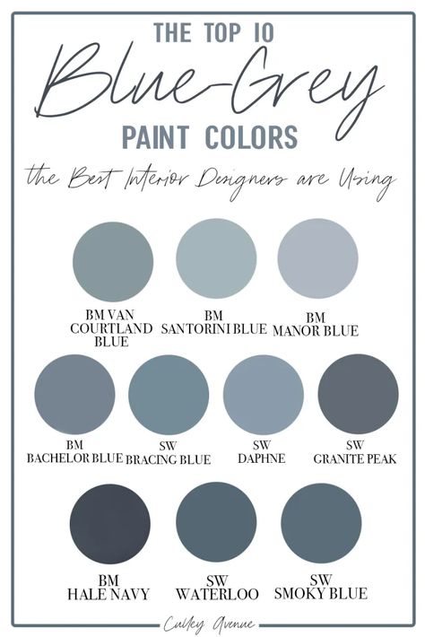 The Top 10 Blue Grey Paint Colors the Best Interior Designers are Using - Culley Avenue Top Paint Colors, Blue Gray Paint Colors, Santorini Blue, Blue Gray Color, Blue Gray Paint, Blue Paint Colors, Grey Paint, Grey Paint Colors, Color Name