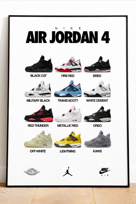 Nike Jordan Bedroom, Jordan 4 Poster, Clinic Artwork, Jordan Prints, Jordan 4 Collection, Air Jordan Poster, Nike Posters, Air Jordan 4 Black Cat, Sneakers Poster