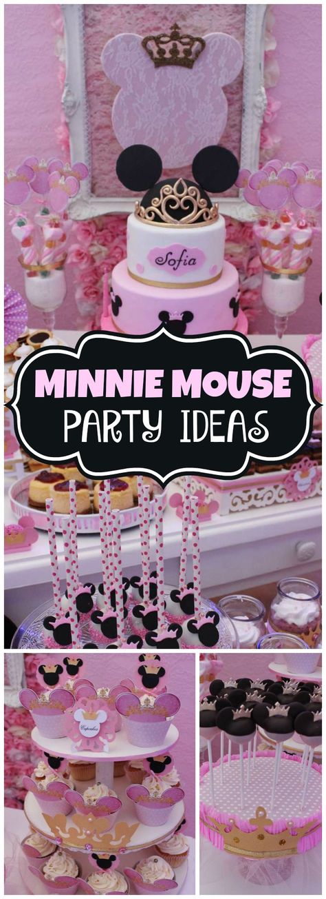 Loving this pink and black Minnie Mouse princess party! See more party ideas at CatchMyParty.com! Minnie Princess Party, Minnie Mouse Princess Party, Princess Minnie Mouse, Black Minnie Mouse, Minnie Mouse Theme Party, Minie Mouse, Minnie Mouse Baby Shower, Minnie Birthday Party, Minnie Mouse Theme