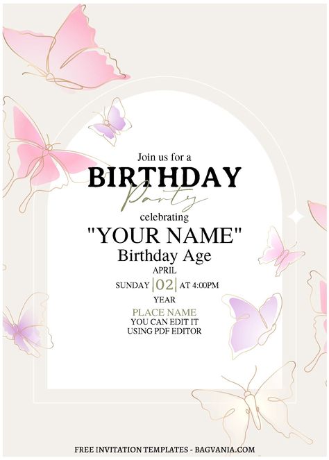 Cute Bday Invitations, Birthday Invition Card, Butterfly Birthday Invitations Template Free, 15th Birthday Invitation Template, Butterfly Birthday Party Invitations Free Printable, Bday Invitation Cards Aesthetic, 11 Birthday Invitations, Butterfly Theme Invitation Template, Free Editable Birthday Invitations