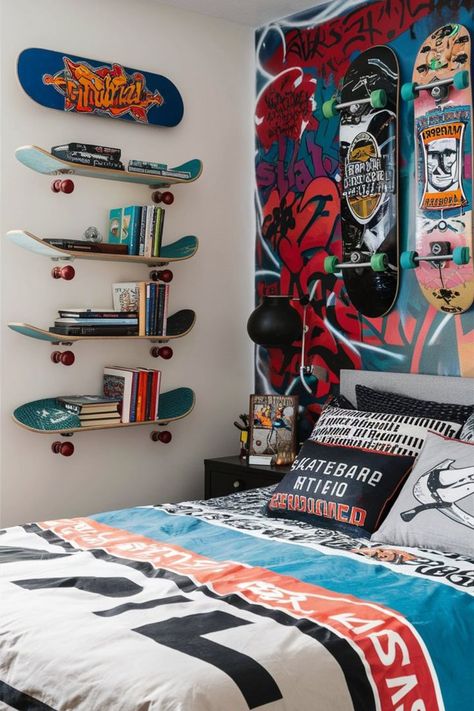 Commission a custom piece of skateboard art to personalize your skater room. Discover creative ideas. #SkaterRoom #CustomArt #RoomDecor Skater Bedroom Aesthetic, Skater Aesthetic Room, Skater Boy Room, Skater Room Ideas, Skater Bedroom, Skater Room, Skateboard Room, Skateboard Decor, Gamer Bedroom