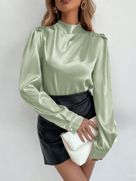 Satin Tops Blouses, Satin Blouse Outfit, Top Designs For Women, Stand Neck, Business Formal Dress, Satin Dress Long, Satin Long Sleeve, Formal Dresses Gowns, Puff Long Sleeves