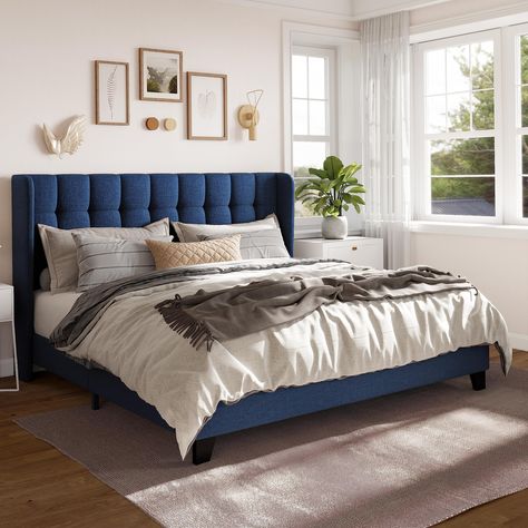 PRICES MAY VARY. Transform your bedroom into a stylish sanctuary with our stunning bed frame featuring a chic wingback design and square-stitched fabric upholstered headboard. The interior steel framework, combined with strong wooden slats support, ensures an impressive weight capacity of 1000 lbs without the need for a box spring. It's suitable for all types of mattresses, including spring, memory foam, latex, and hybrid mattresses. With Velcro-fixed slats, installation is quick and easy, elimi Dark Blue Headboard, Navy Headboard, Blue Upholstered Bed, Letto King Size, Blue Headboard, Tufted Wingback Headboard, Velvet Bed Frame, King Size Platform Bed, Blue Bed