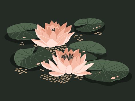 Water Lily by Maria Shanina on Dribbble Japanese Water Lily Art, Water Lilly Illustration, Water Lilies Illustration, Lilypads Art, Lilypad Illustration, Lily Pads Tattoo, Waterlily Illustration, Water Lilly Drawing, Water Lilies Drawing