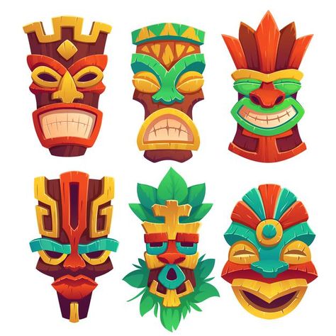 Tiki masks with scary faces and toothy m... | Free Vector #Freepik #freevector #vintage #party #wood #summer Tiki Maske, Totem Tiki, Tiki Masks, Tiki Faces, Surf Vintage, Tiki Totem, Tiki Mask, Tiki Art, Hawaiian Tiki