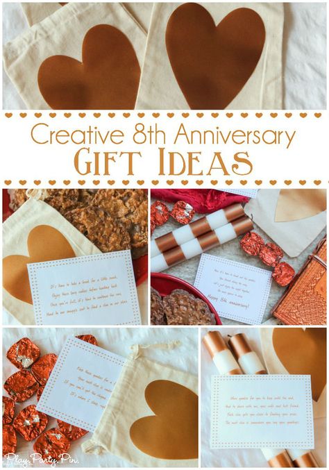 Love these fun 8th anniversary gift ideas, especially the printable scavenger hunt based on traditional 8th anniversary gifts! Such a cute idea any guy would love! Gifts For Him Ideas, 8 Year Anniversary Gift, Second Year Anniversary Gift, Anniversary Ideas For Him, 8 Year Anniversary, Traditional Anniversary Gifts, Anniversary Diy, 8th Wedding Anniversary Gift, Bronze Anniversary Gifts