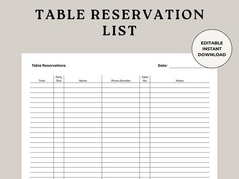 Streamline your dining experience with our Table Reservation List digital download - the perfect tool for managing bookings with efficiency and elegance. Ideal for restaurants, cafes, and event planners, this customizable template provides a clear and organized format to record reservations, ensuring seamless seating arrangements and exceptional guest service. Whether you're coordinating daily reservations, special events, or private parties, our list ensures that every detail is captured, from guest names and party sizes to special requests and reservation times. Instantly downloadable and fully editable, it offers flexibility to adapt to your specific needs and branding, helping you maintain a professional and organized front-of-house operation. Say goodbye to reservation chaos and hello Seating Restaurant, Guest Service, Restaurant Seating, Guest Services, Word File, Organization Planning, Event Planners, Private Party, Legal Advice