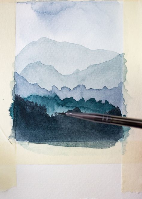 Masculine Watercolor Paintings, Simple Watercolor Mountains, Watercolor Art Water, Easy Mountain Watercolor, Watercolor Mountains Simple, Watercolor Mountains Tutorial, Bush Watercolor, Paint Mountains, Abstract Watercolor Landscape